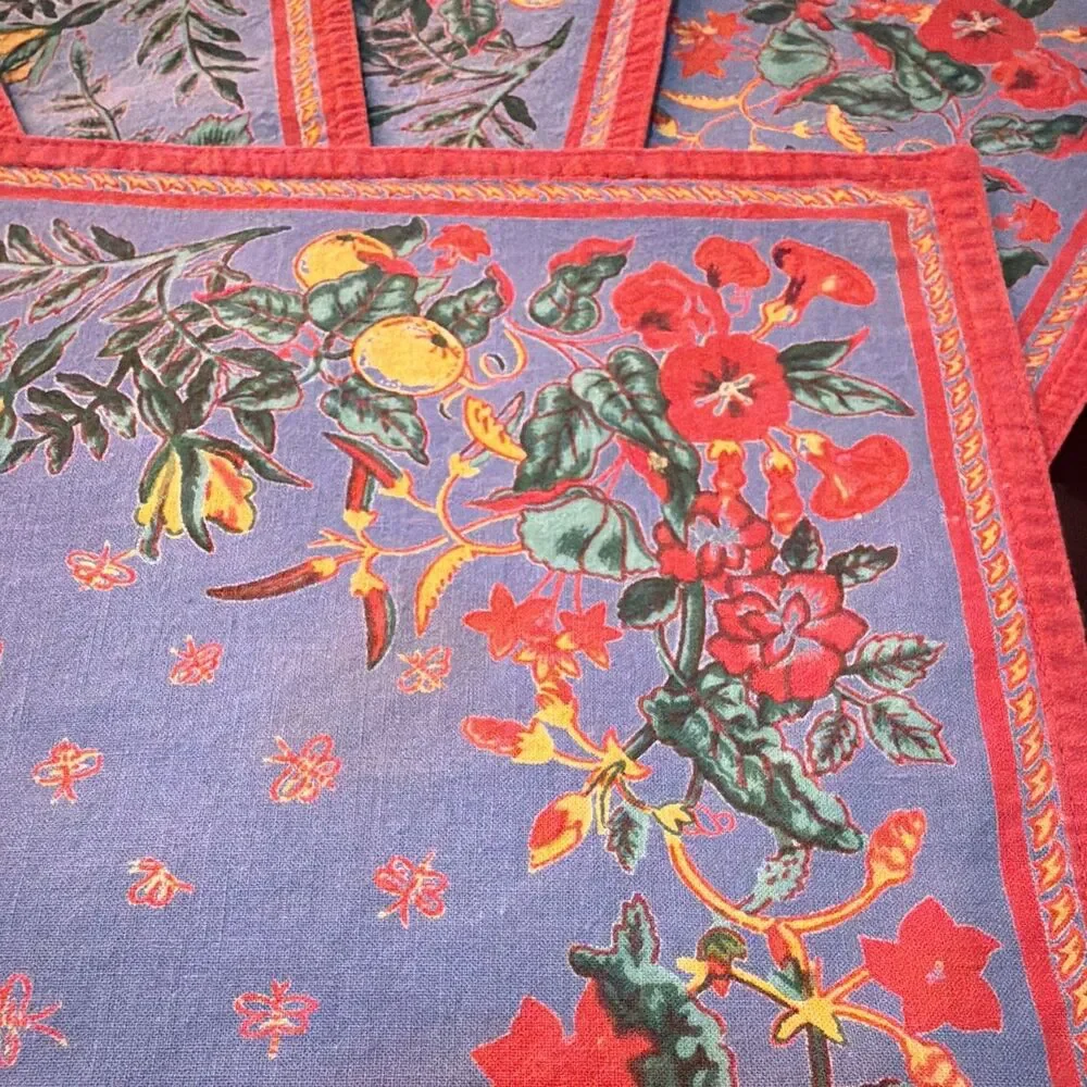 Vtg Williams-Sonoma 100% Cotton Floral Rectangular Placemats Blue Multi Set of 6